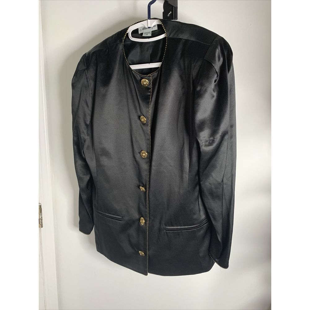 Adrianna Papell Women's 2 Piece Skirt Suit Sz 10 100% Silk Blk Lined Gold Trim